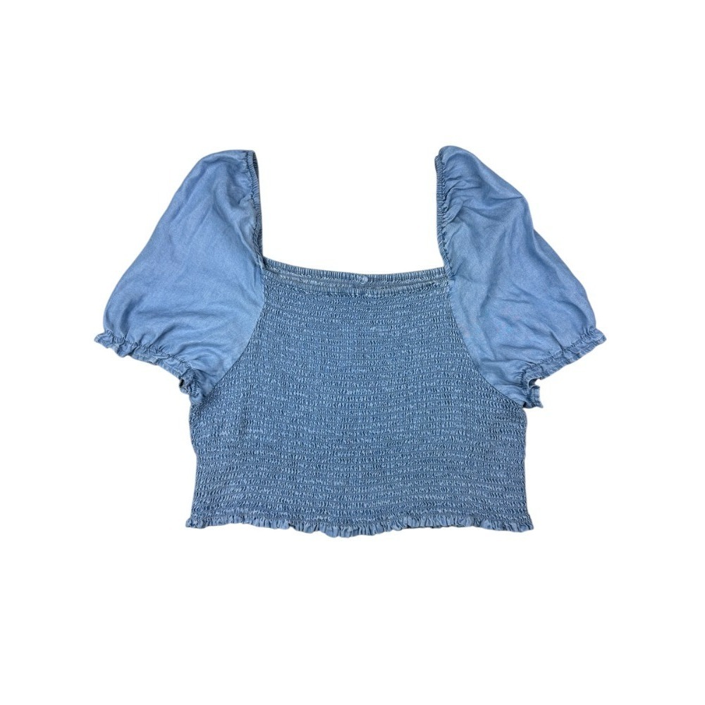 Love Tree Women's 3X Blue Chambray Crop Top Smocked Sweetheart Tencel NWT - Picture 9 of 9